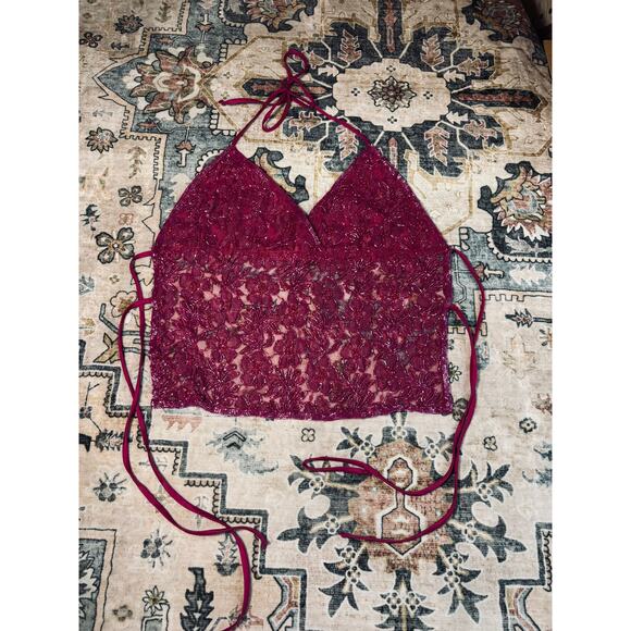 Vintage Hand Beaded y2k Open Back Tie Top Crop Pink Floral Halter Tank Medium - Picture 5 of 16